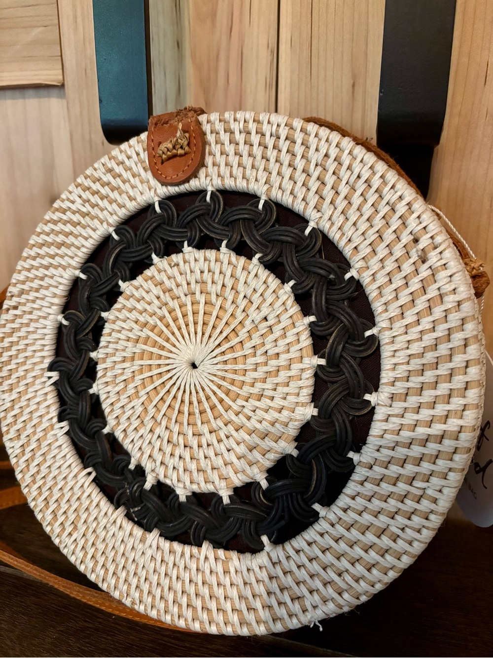Round Woven Straw Crossbody Bag in Natural and Black